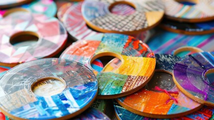 Fototapeta premium Pile of Colorful Compact Discs on Display