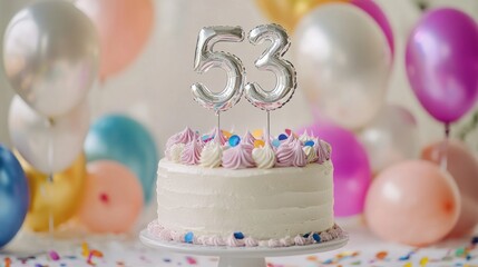 Elegant 53rd Birthday Celebration Cake with Pastel Balloons