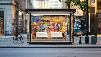 Modern bus shelter with sleek design, comfortable seating, and vibrant urban graffiti in the background.