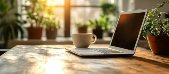 Fototapeta premium A laptop is open on a table with a white coffee cup next to it