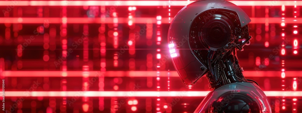 Poster futuristic robot in red light grid ai technology cyborg artificial intelligence