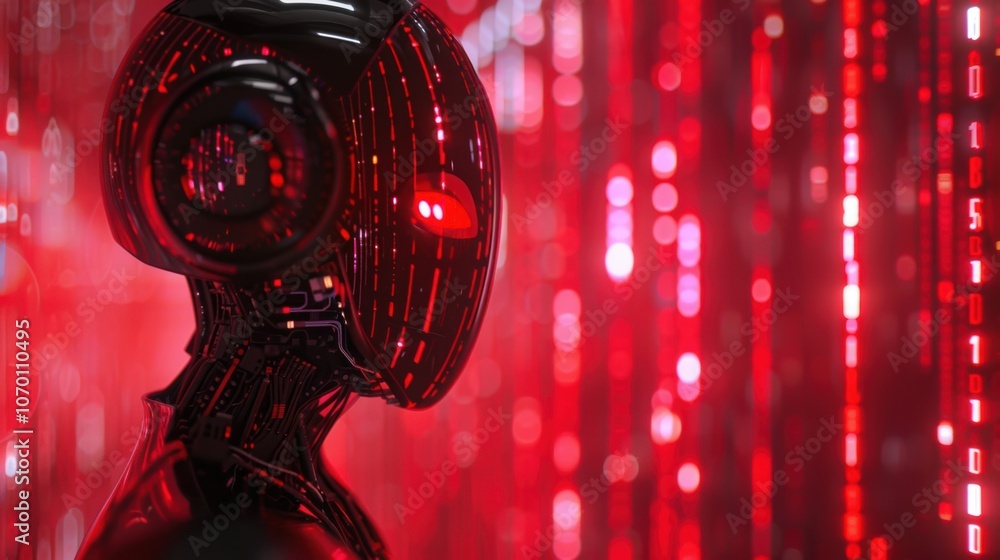 Poster futuristic cyborg robot in red digital code background