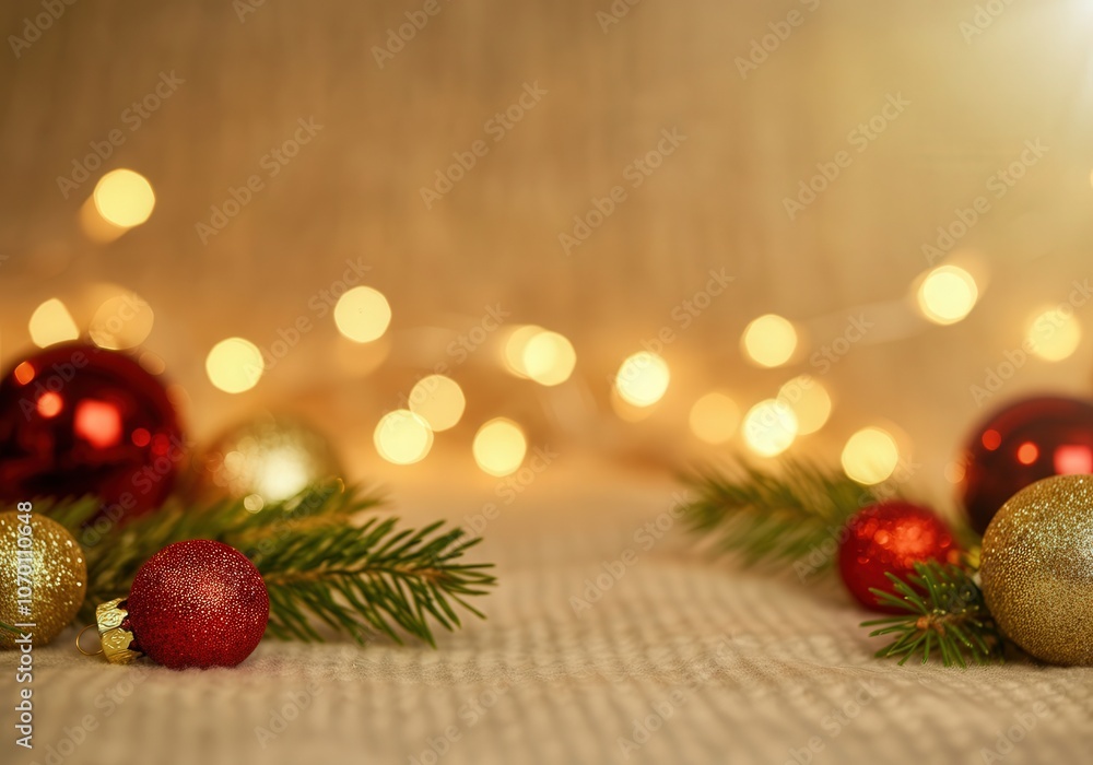 Poster red and gold christmas ornaments lie on a soft surface with fir branches and glowing string lights p
