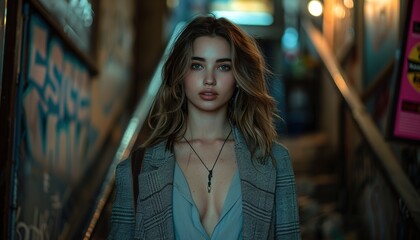 Fototapeta premium young woman walking up the stairs in a dark room 