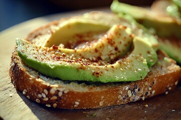 Deliciously prepared avocado toast topped with spices on a wooden board in a bright, sunlit kitchen environment. Generative AI - Powered by Adobe