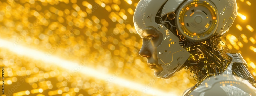 Poster futuristic robot portrait with glowing circuitry and bokeh lights