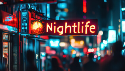 Vibrant city nightlife scene with glowing neon signs illuminating a busy street filled with blurred silhouettes and colorful lights.