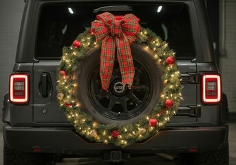 Festive christmas wreath with red and green plaid bow decorating the spare tire on the back of a...