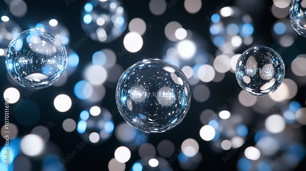 Wall mural dynamic background with transparent glass spheres, floating with reflections and bokeh lighting effe