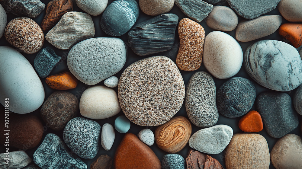 Poster close-up of various colorful stones and pebbles with unique textures and patterns, creating an earth