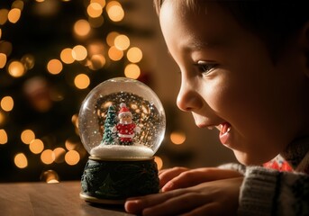 Little boy looking with amazement at snow globe with miniature santa claus, christmas tree and falling snow against blurred lights of christmas tree