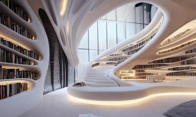 A futuristic library with a unique spiral interior