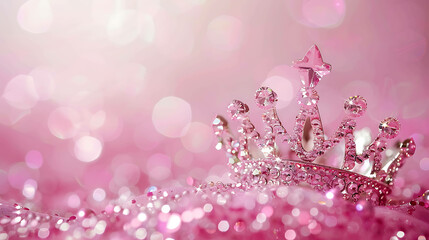 Elegant and beautiful pink princess tiara with diamonds on a shiny pink background with a beautiful blur.
