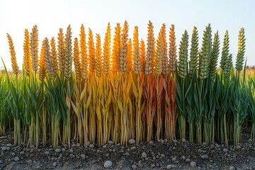 Gradient of wheat stalks at sunset in a bountiful field