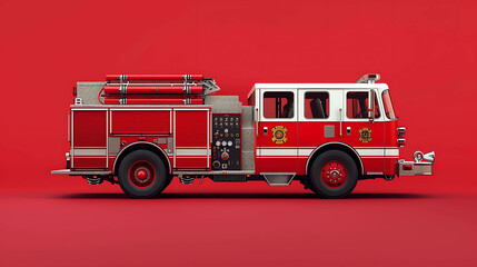 A red and white fire truck is parked in front of a red background. The fire truck has a ladder on the side and a hose on the back.