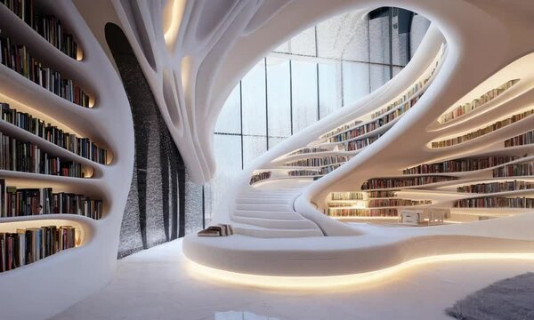 A futuristic library with a unique spiral interior