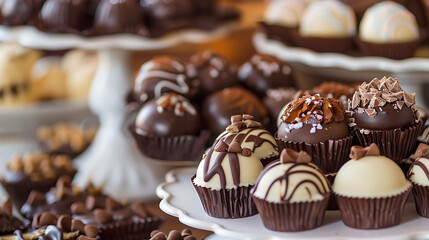 An assortment of delicious chocolate truffles displayed on a tiered stand.