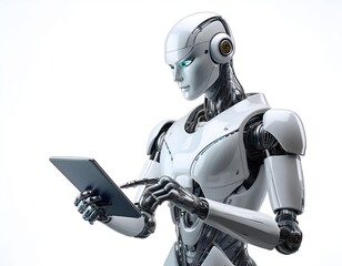 Futuristic Robot Interacting with Tablet on White Background"