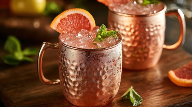 Blood Orange Champagne Mule. Chilled Citrus Mint Cocktail in Copper Mugs