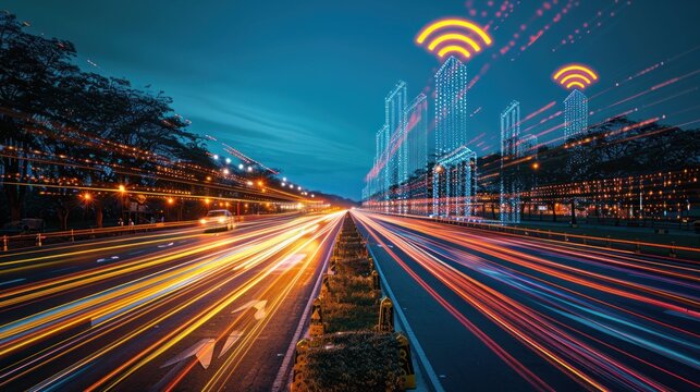 A dynamic image of fiber optic cables being installed alongside 5G infrastructure, showcasing how fiber networks are crucial to supporting next-generation mobile communications