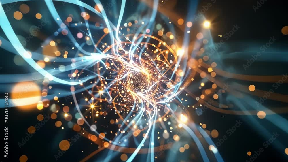 Poster a group of particles glowing with newfound mass suspended in the ethereal web of the higgs field.