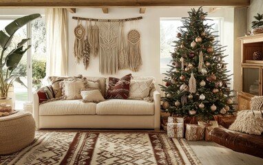 Bohemian Christmas tree arrangement with earthy ornaments in a cozy living room setting during the holiday season