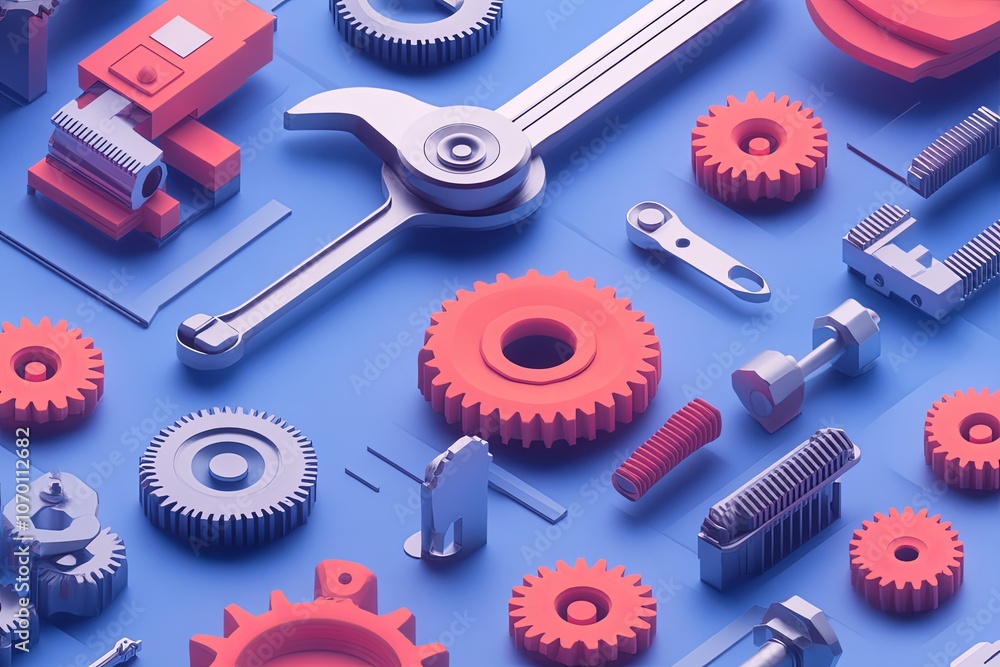Poster colorful arrangement of mechanical gears and tools on a blue background showcasing intricate design 