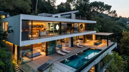 Fototapeta premium Modern Luxury Home at Dusk with Illuminated Interior
