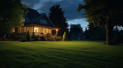 Cozy Suburban House at Twilight with Illuminated Porch