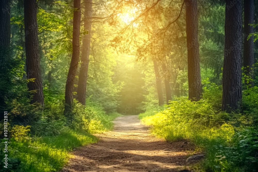 Aufkleber a path through a forest with sunlight shining through the trees