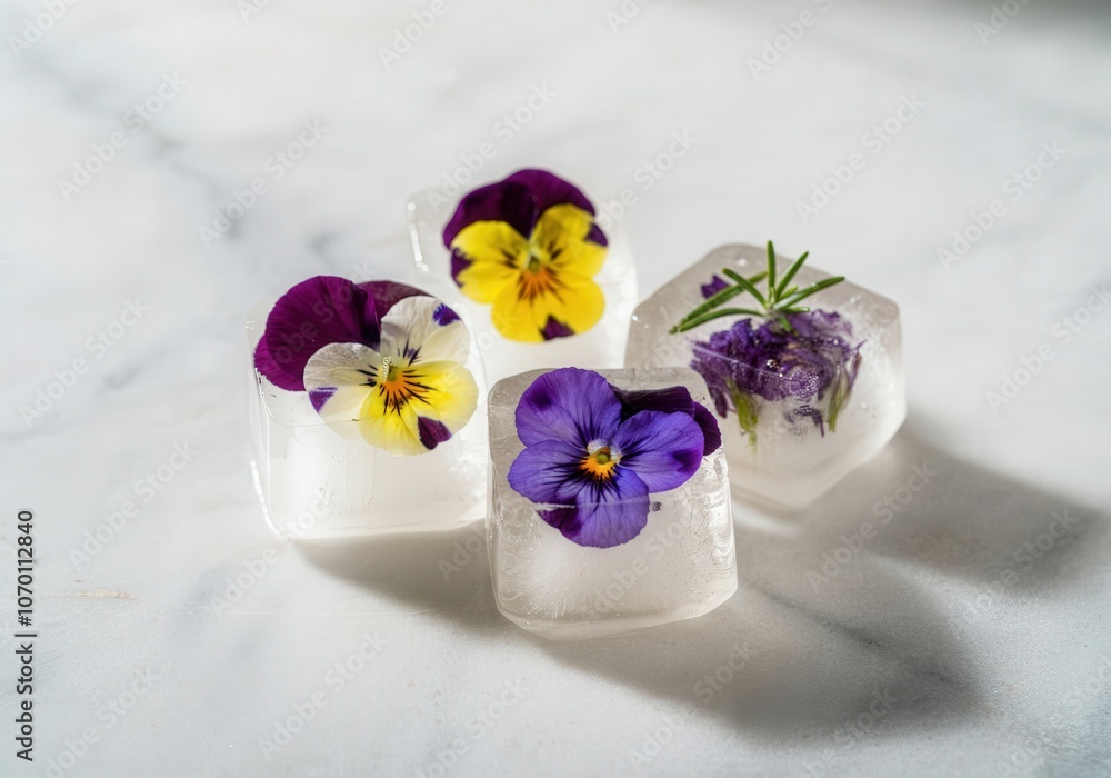 Poster ice cubes with colorful pansies and rosemary frozen inside rest on a marble surface, creating a refr