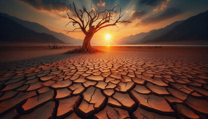 Sunset in the desert,  dry lake, cracked dry water bead, a lush dead tree on the right. Generative AI.