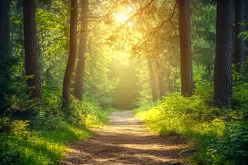 A path through a forest with sunlight shining through the trees