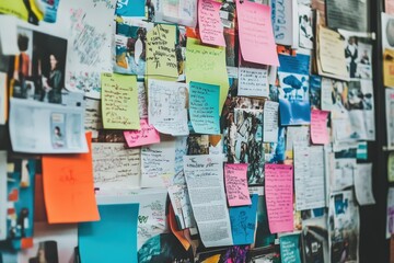 Educational bulletin board filled with colorful notes, student projects, and creative classroom displays in a vibrant learning environment