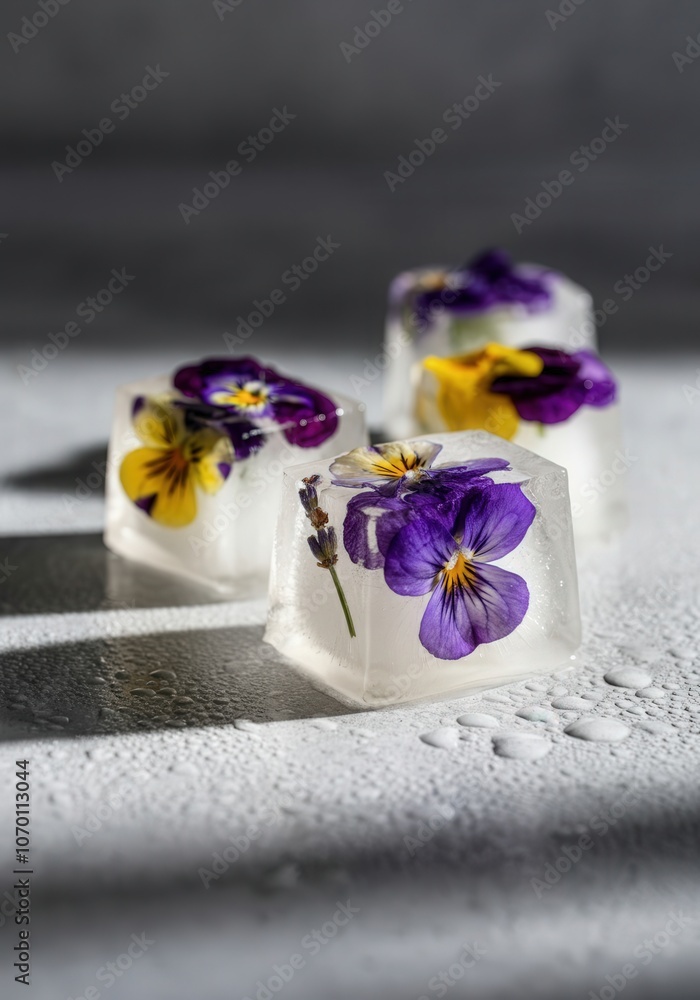 Poster melting ice cubes containing colorful edible flowers create a refreshing scene on a wet table