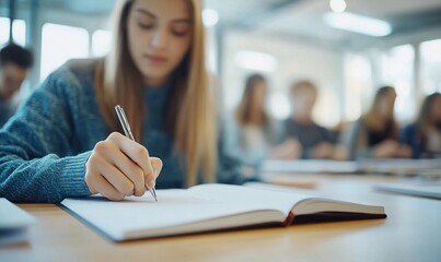 A female student in a classroom writes notes in a notebook.