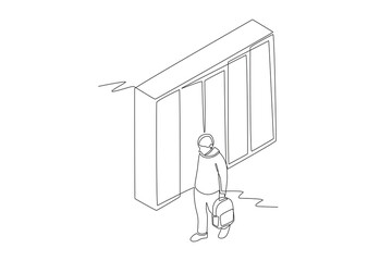 Students walking near lockers. School locker concept one-line drawing