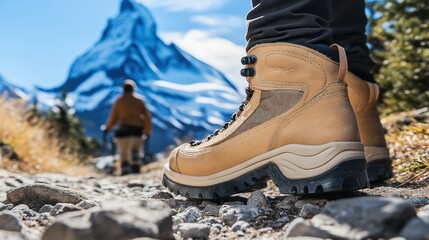 Close-Up of Hiking Boots on Rocky Trail with Snowy Mountain in Background