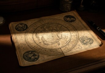 Antique celestial chart lies open on a wooden table, illuminated by a beam of sunlight, inviting exploration of the constellations and zodiac signs