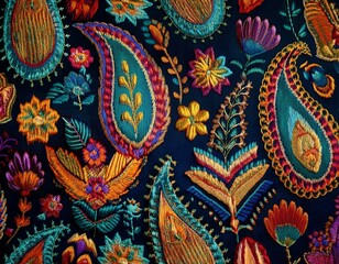 Asian-inspired Ikat paisley embroidery pattern with Aztec elements, designed as a seamless, decorative fabric and textile pattern