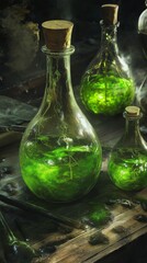 Mysterious green potion bottles on rustic wooden table