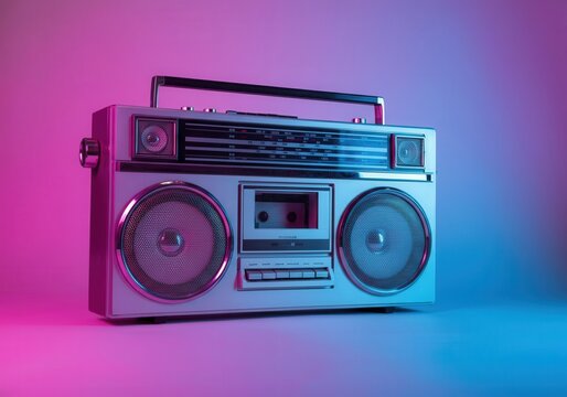 Vintage boombox with cassette tape bathed in vibrant neon pink and blue light, creating a nostalgic atmosphere - Powered by Adobe