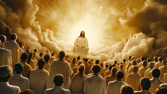 Jesus Christ, divine figure surrounded by believers in radiant light for faith, hope, and salvation. Spiritual gathering symbolizing love, unity, and the message of eternal life and resurrection