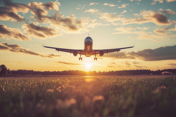 Airplane Landing at Sunset with Scenic Sky, Symbolizing Travel and Aviation