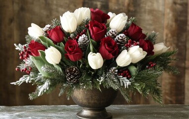 Elegant Christmas floral arrangement featuring deep red roses and white tulips in a vintage metal vase