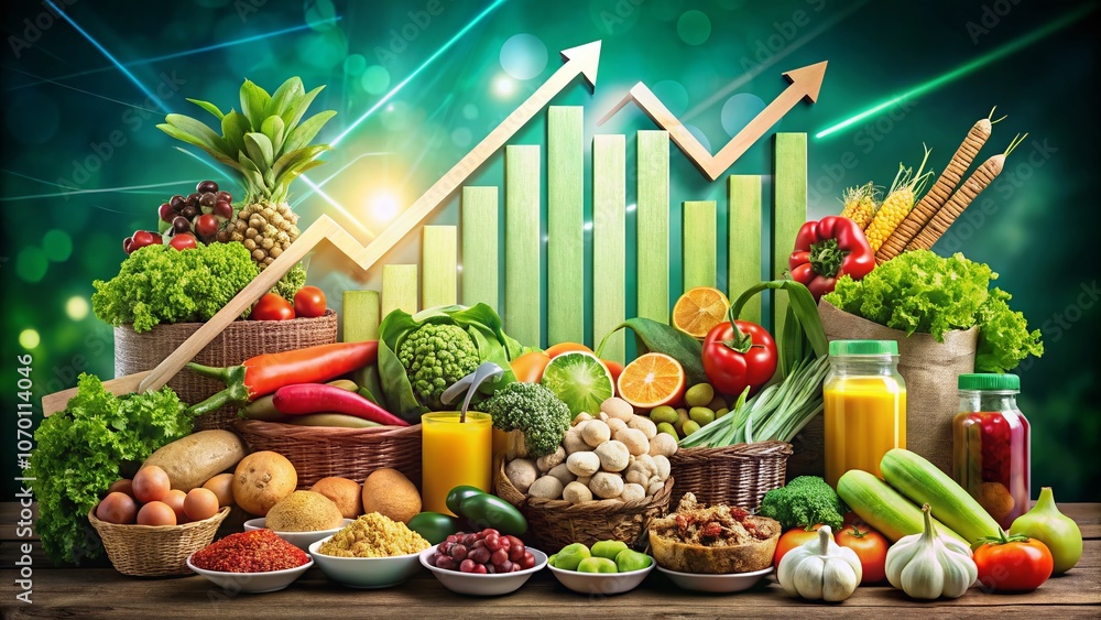 Poster business growth and profit visualization: green arrow symbolizing progress with a business chart and