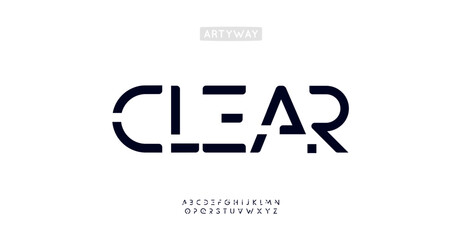 Robotic squared alphabet, cropped modular letters, futuristic clean font, geometric minimal typography for HUD, digital brand logo, cybernetic technological and innovative headline. Vector typeset