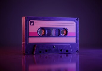 Obraz premium Old audio cassette tape bathed in vibrant neon light, creating a nostalgic atmosphere