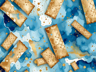 Abstract watercolor or alcohol ink art blue background with golden crackers. Pastel blue marble drawing effect. llustration design template for wedding invitation,decoration, banner, background. Png