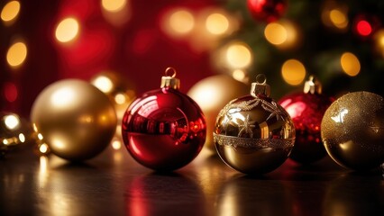 Beautiful Christmas ornaments in red and gold, glistening softly against a warm, festive background, perfect for holiday-themed visuals